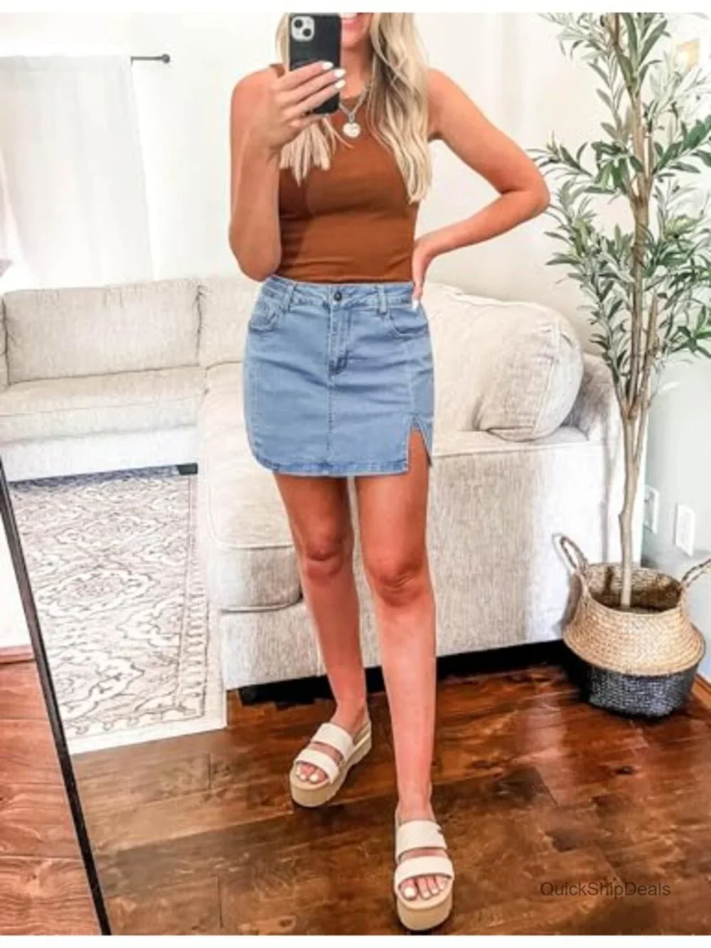 High Waisted Stretchy Denim Mini Skort Side Slit Bodycon Jean Skirt